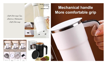 White self-stirring cup with mechanical handle and text on comfort grip
