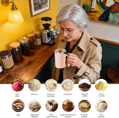 Woman in a cafe holding a pink mug with various food powders displayed below.