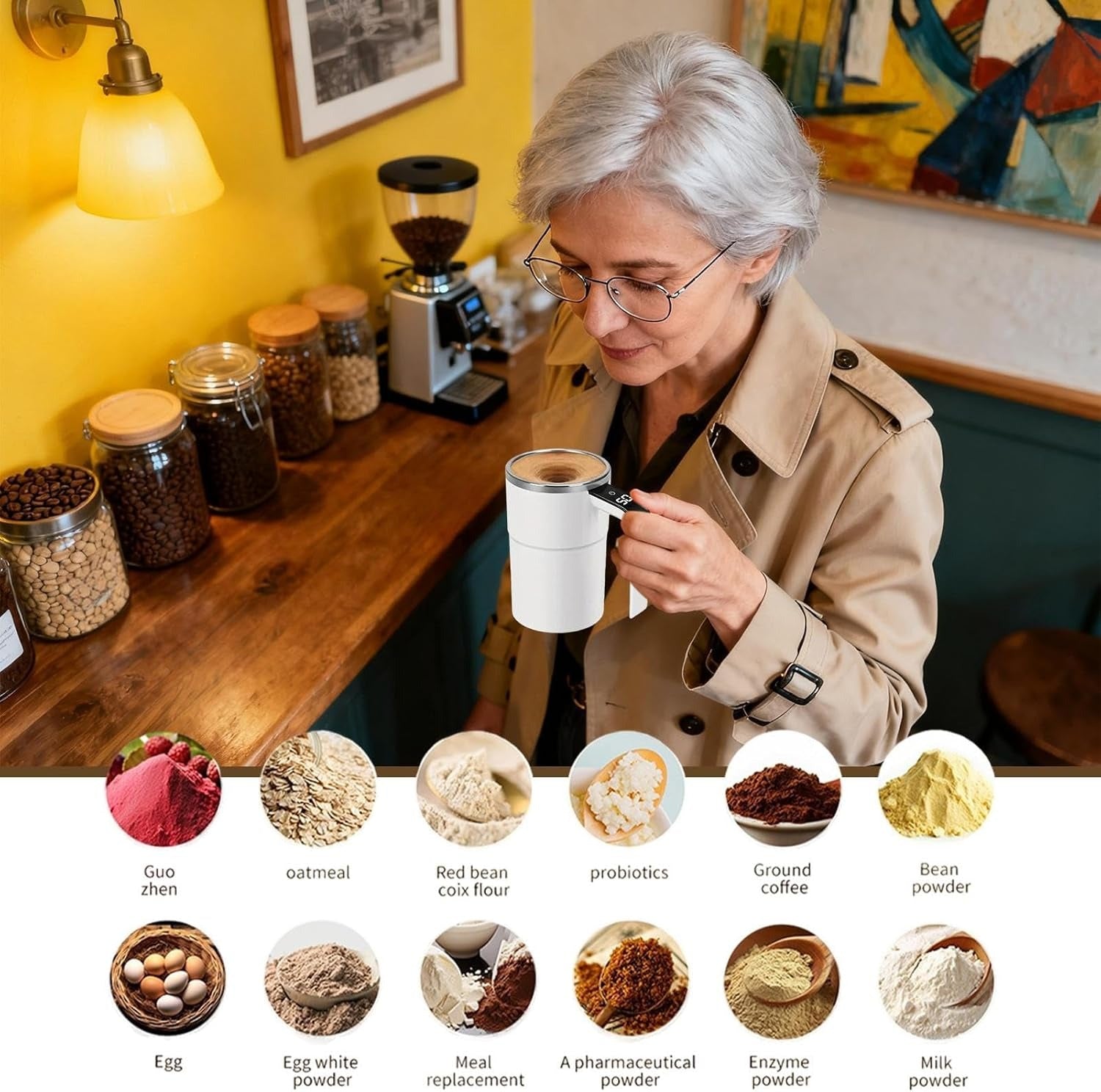 Woman in a cafe holding a coffee cup with various food powders displayed below.