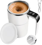 White electric coffee maker with digital display, power cable, and additional components on a white background