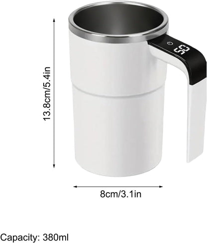 White mug with digital handle and dimensions on a white background